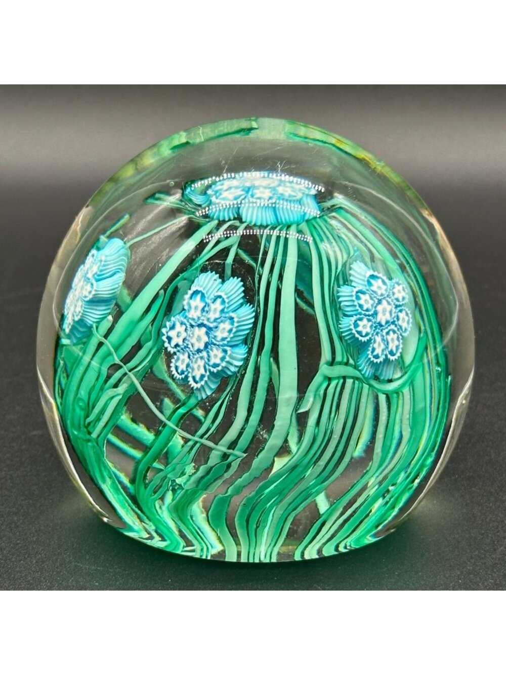 HUGE 4" Murano Art Glass Paperweight Millefiori Flowers Italy Blue Green White